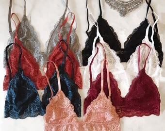 Gorgeous lace triangle bralette floral lace bra lacy bralette scalloped hem bralette adjustable sheer bralette