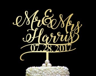 Surname cake topper, Custom Wedding Cake Topper, Personalized Cake Toppers, Mr and Mrs Cake Topper with date, gold Cake Toppers, CT#063