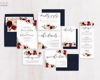 Wedding Invitation | Marsala Flowers Wedding Invitation Suite | Floral Invitation | Marsala Invitation | Printed Wedding Suite | Autumn