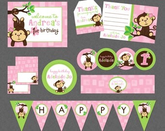 Cute Monkey Girl Mega Birthday Printable Party Pack - Pink & Green