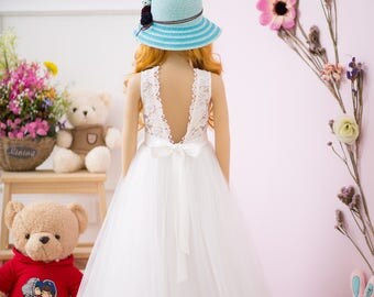 White flower girl dress, lace girl dress, tulle girl dress, communion dress, pageant dress, floor length
