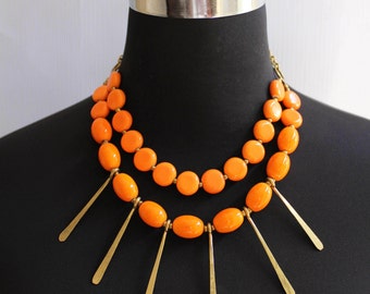 African jewelry, Kenyan necklace, Beaded necklace, African necklace, Maasai necklace,Orange beaded tassel statement necklace