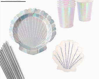 Mermaid Party in a box KIT, Party Plates , Mermaid party plates, party paper plates, Mermaid Party, Shell Plates, Iridescent party,