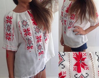hand-embroidered blouse in red and black, Europeansize medium