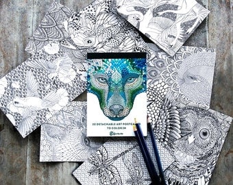 Adult Coloring Book, Adult Coloring Pages, Art Coloring Postcards, Coloring Cards, Hand Drawn Wolf Art, Raven Art Therapy, Art Lover Gift