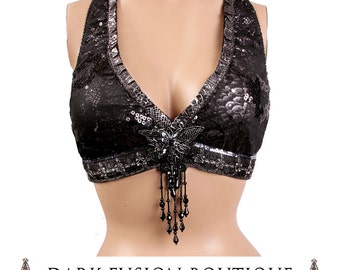 Halter, B Cup, Black Sequins , Gunmetal Gray, Silver, Bellydance, Costume, Tribal, Fusion, Gothic, Circus, Carnival, Bra
