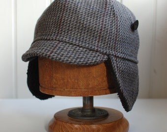 Flapjack L: Tweed wool earflap hat, cycling cap in gray plaid, mens winter hat, womens winter hat, made from recycled materials