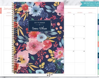 MONTHLY PLANNER notebook | 2017 2018 no weekly view | choose your start month | 12 month calendar | navy blue pink watercolor floral