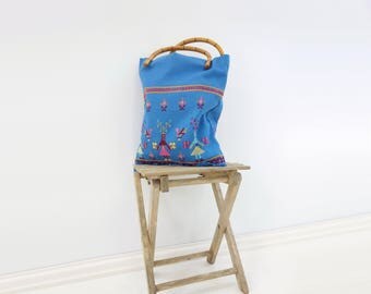 70s Embroidered Bag Boho Ethnic 70s Bag Handmade Blue Tote Boho Festival Bag Ethnic Market Bag Fringed 70s Bag 70s Handmade Bag Sky Blue Bag