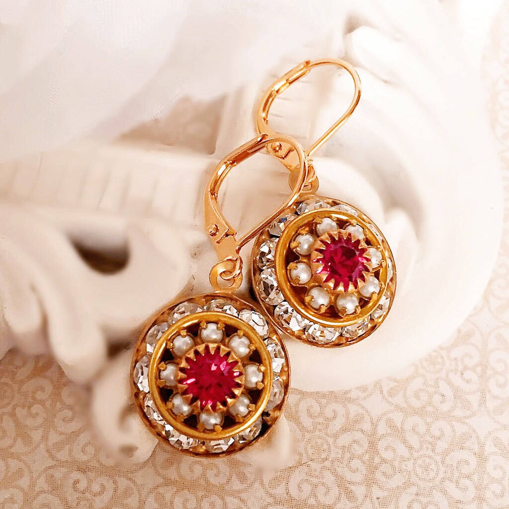 Spring Earrings - Pink - Victorian Earrings - Crystal Cluster Earrings - AURORA Fuchsia
