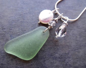 Sea Glass Necklace Beach Sterling Seaglass Pearl Jewelry