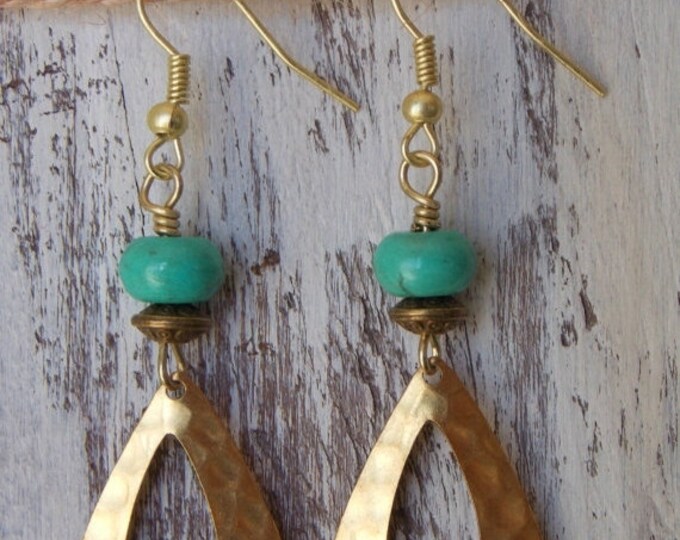 Brass Earrings Textured Hammered Earring Turquoise Earrings Boho Earrings Dangle Oval Drop Earrings Jewelry Rustic Woodland Earrings