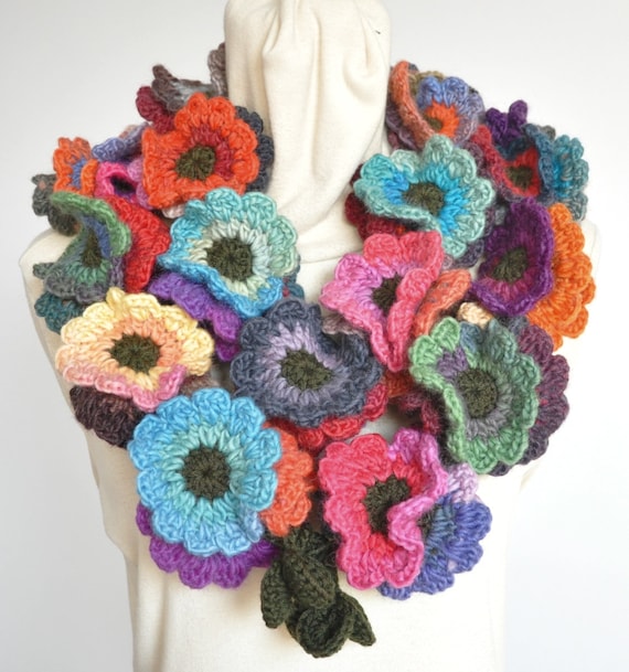 Floral Fall Long Multicolor Crochet Flowers long Scarf