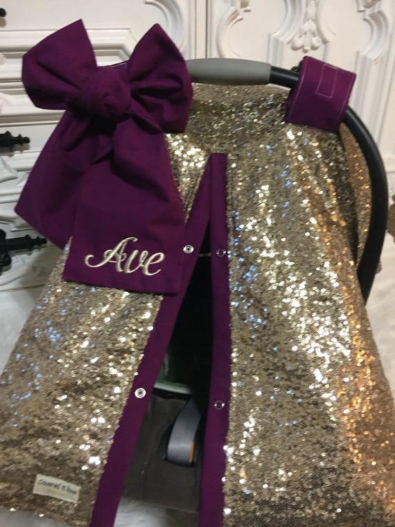 Gold sparkle car seat canopy with bow and name / carseat cover