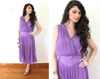 70s Grecian Dress / 1970s Lilac Purple Boho Gauze Dress
