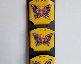 Vintage 1970s Boho Brightly Colored Butterfly Wall Hanging Bill Letter Mail Sorter
