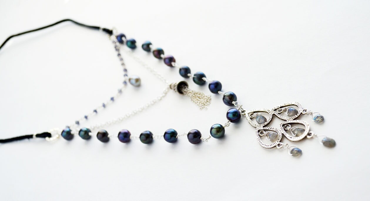 Multi Strand Necklace Long Silver Necklace Pearl Necklace