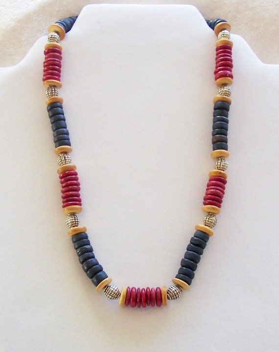 Red and Blue Wood Bead Necklace Patriotic Color Necklace