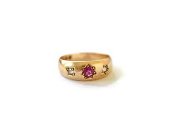 Antique 18k Ruby And Diamond Gypsy Set Ring With English Hallmarks c.1880s