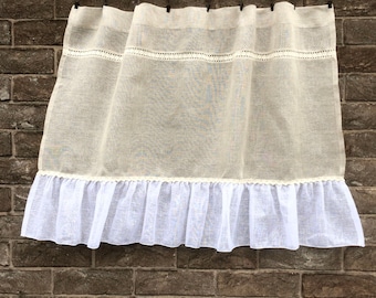 Ecru White Sheer Linen Panel, Rustic Kitchen Window Curtain, Rideaux Cuisine, French Linen Lace Cafe Curtain, Farmhouse Kitchen