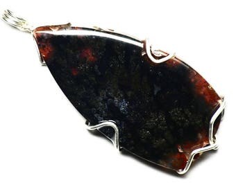 Red Agate Necklace, Texas Agate Jewelry, Woodward Ranch, Red and Black Plume Agate Cabochon, Sterling Silver Wire Wrap, From Texas Jewelry