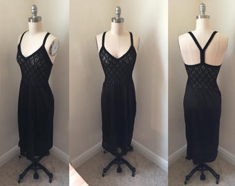 Black Sheer Stretch Lace Nightgown // 1980s Negligee Sz S ILGWU Racerback