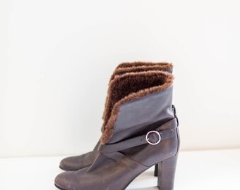 brown leather buckle ankle boots - fur lining winter booties - women's size 6.5 M