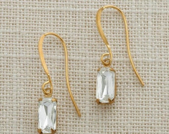Gold French Hook Earrings Emerald Cut Stone Diamond Crystal Clear Rhinestone Wedding Earrings Bridesmaid Gift Handcrafted 10mm 6H