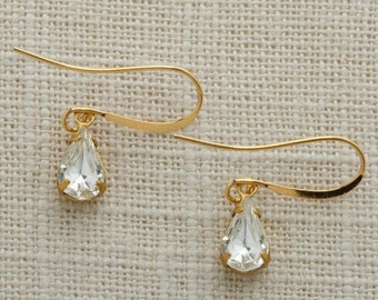 Crystal & Gold Tear Drop Earrings French Hook Diamond Clear Rhinestone Wedding Earrings Bridesmaid Gift Handmade 10mm 6H