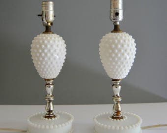 Hobnail Milk Glass Lamps - Pair Set of Two Vintage Lamps Glass Lamp