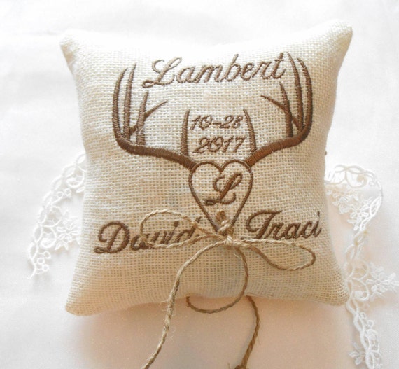Monogrammed Wedding Pillow DEER ANTLERS Burlap Ring Bearer