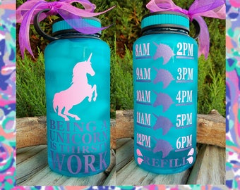 Unicorn Water Bottle/Motivational Water/34oz/Add a Water Tracker/Water Reminder/"Being a unicorn is thirsty work "/Wide Mouth/Colors/Gift