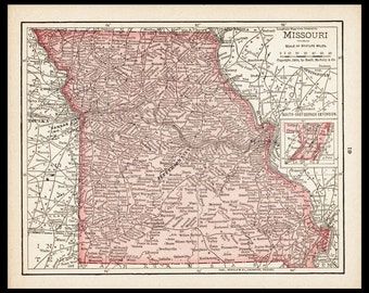 Small Missouri Map of Missouri State Map (Antique Wall Decor Print, 1900s Color Map, Vintage Wall Art) Old Atlas Map No. 61-2