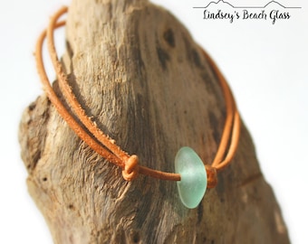Hawaiian Aqua Beach Glass on India Leather Cord Completely Adjustable & Stackable Bracelet