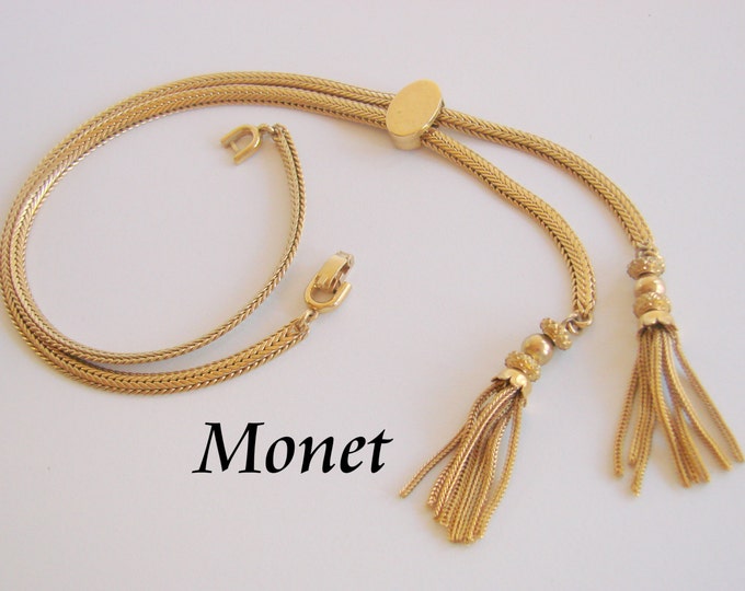 Vintage Monet Designer Signed Goldtone Slide Tassel Bolo Necklace Jewelry Jewellery
