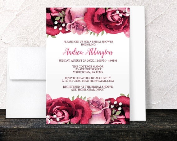 Burgundy Rose Bridal Shower Invitations - Rustic Burgundy Pink Rose on White Floral - Printed Invitations Il_570xn