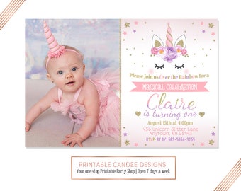 Unicorn Birthday Invitation, Floral Unicorn, Unicorn Party, Rainbow Invitation, Pink Gold Purple
