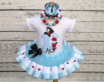 Alice in Wonderland Birthday Outfit - Alice in ONEderland Tutu - Blue Black Red Hearts - Mad Hatter - Tea Party - Unbirthday - 1st Birthday