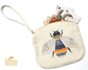 Bee Canvas Zip Purse, Makeup Bag, Coin Purse, Small Accessory Pouch