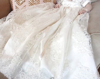 Chloe - Sequined Lace Christening Gown, Baptism dress, Girls Christening Gown set