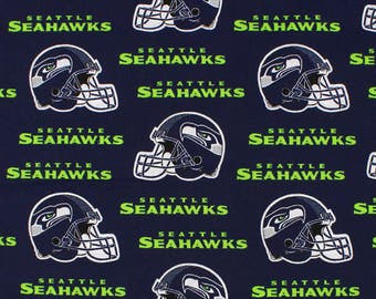 NFL Fabric, Seattle Seahawks Football - Blue Seahawks Fabric with Helmet, 100% Cotton Broadcloth Fabric - By the Half Yard