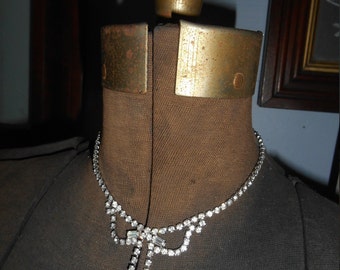 Vintage Rhinestone Necklace Bridal Jewelry Wedding Great Gatsby Style Prom Formal Statement Drop Necklace Prong Set Costume Estate Deco