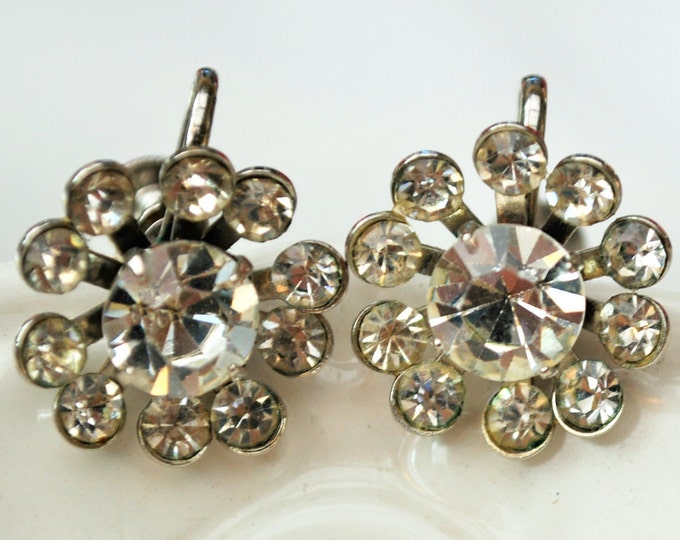 Coro Earrings - Clear Rhinestone - Flower mid century - screw back earring
