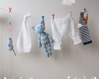 Naptime Blue Tabby Cat. Stripy series Toy. - pdf knitting pattern. Knitted in the round. Toy for small babies