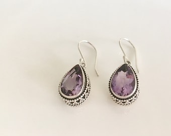 Amethyst silver teardrop dangle earrings- gemstone earrings- statement gemstone earrings- February birthstone