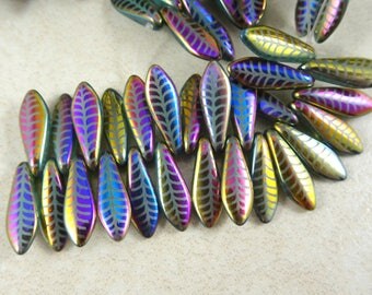 Laser Etched Czech Glass Beads - Aqua Blue Opaline with Rainbow Etched Design Daggers (DAG/RJ-3138) - 16x5mm - Qty. 25
