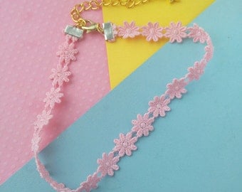 Pink Daisy Choker Necklace, Boho Pastel Goth Flower Choker Necklace, Layering Jewelry Lace Chokers, Tumblr, Trendy, Kawaii Choker