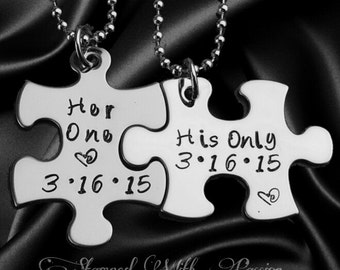 His and Her Puzzle Piece Necklace Set With Date - Couples,Wedding, Anniversary necklace