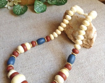 Patriotic Wooden Bead 20" Necklace, vintage necklace, americana jewelry, reclaimed jewelry, vintage Americana