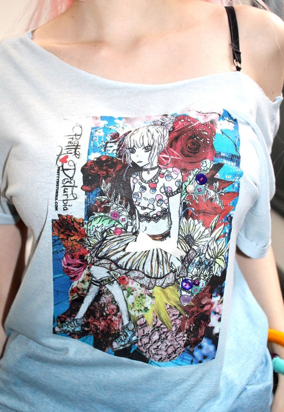 Handmade Anime Girl Print Blue Dip Dye Baggy Slouchy T Shirt